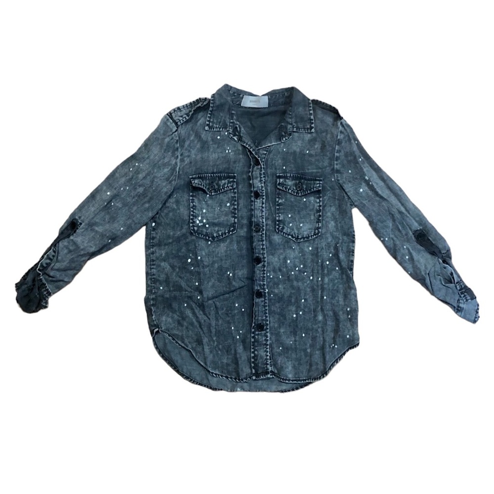 Barry’s Bootcamp long sleeve gray button down splatter paint shirt, XS